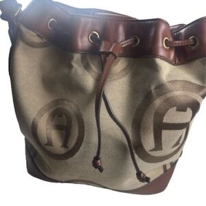 Etienne Aigner Canvas Logo Bucket Bag Brown Drawstring Crossbody Handbag